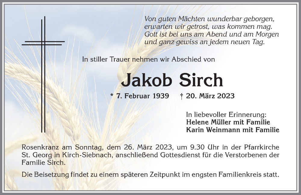  Traueranzeige für Jakob Sirch vom 25.03.2023 aus Mindelheimer Zeitung