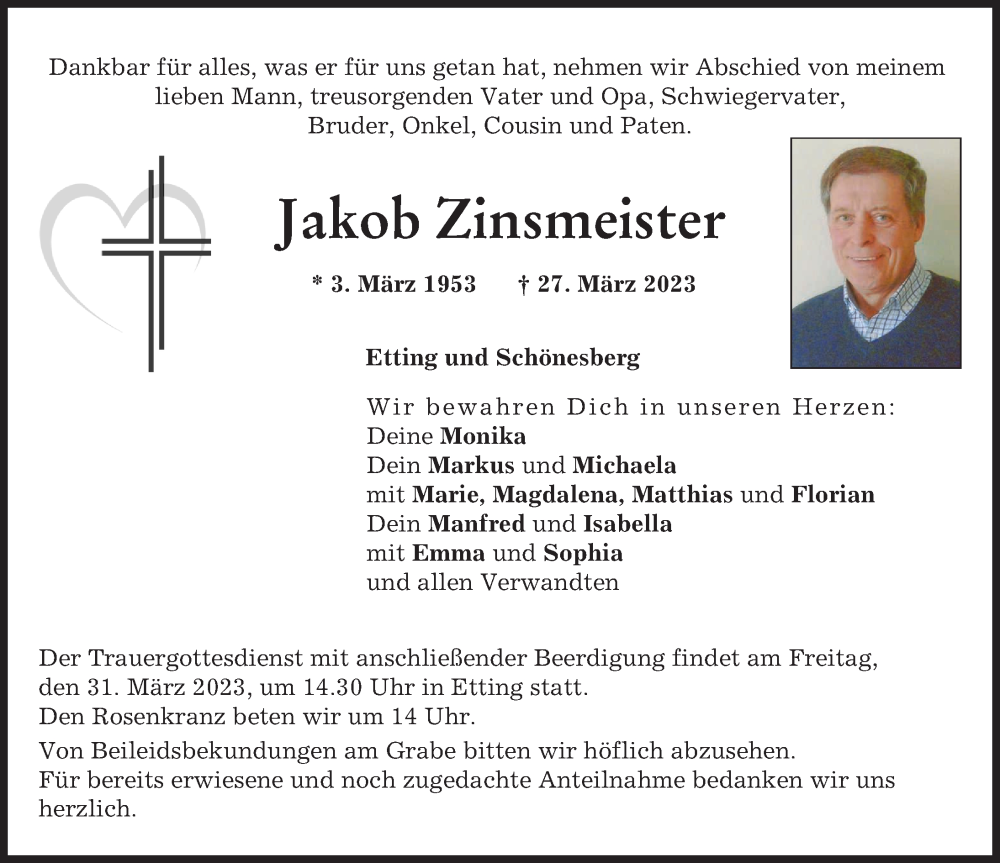  Traueranzeige für Jakob Zinsmeister vom 29.03.2023 aus Neuburger Rundschau, Donauwörther Zeitung