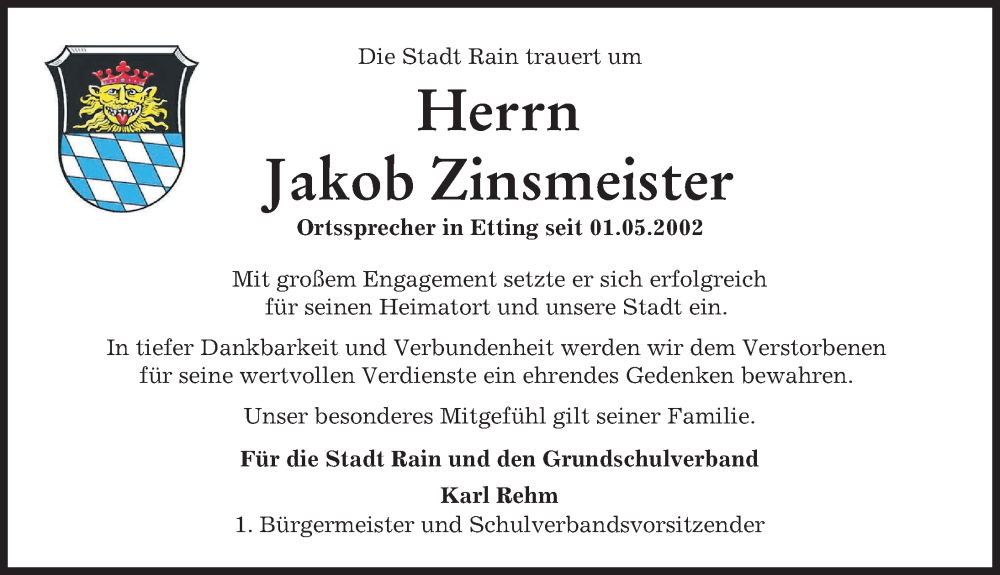  Traueranzeige für Jakob Zinsmeister vom 30.03.2023 aus Neuburger Rundschau, Donauwörther Zeitung