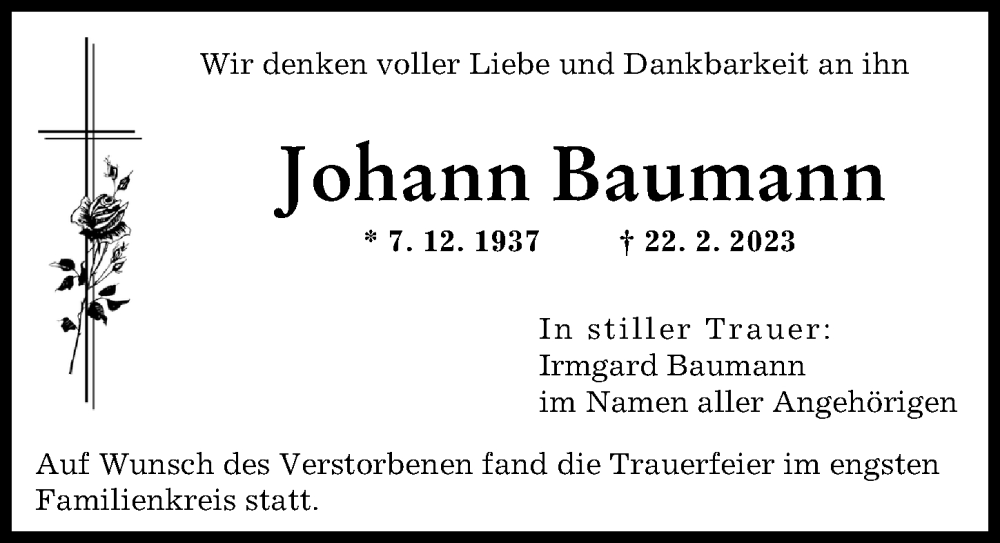  Traueranzeige für Johann Baumann vom 18.03.2023 aus Augsburger Allgemeine