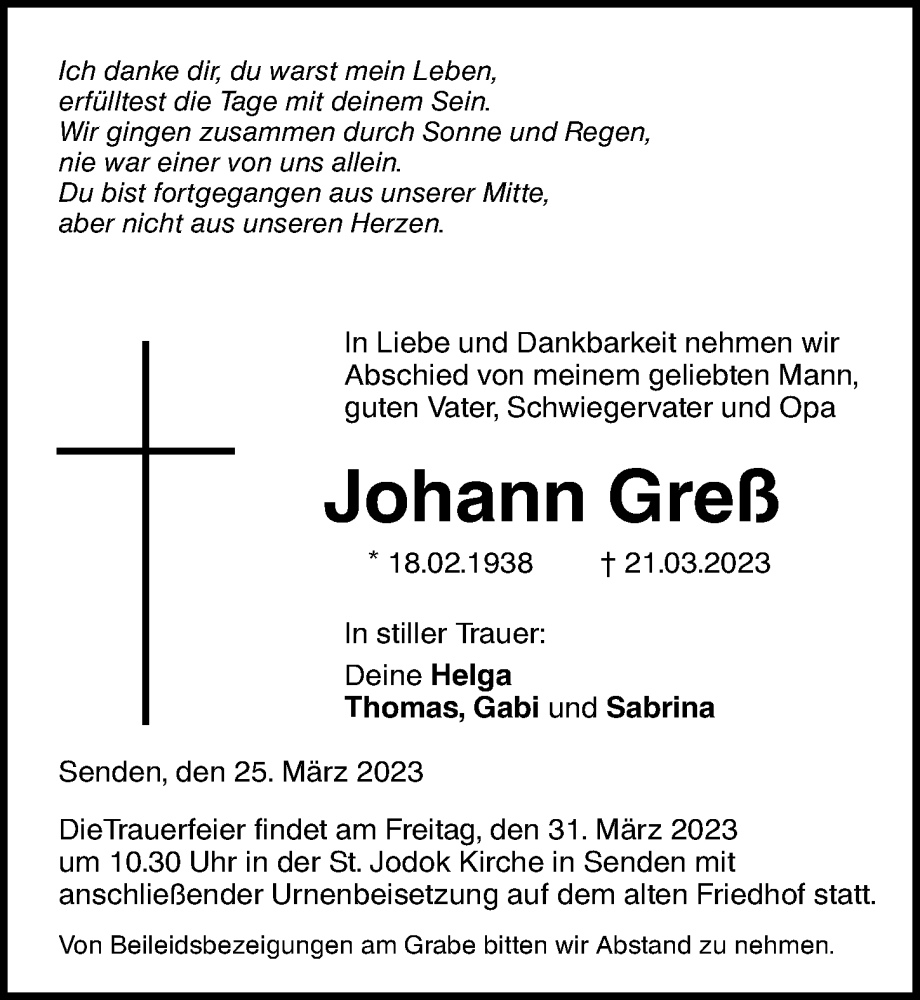  Traueranzeige für Johann Greß vom 25.03.2023 aus Augsburger Allgemeine, Neu-Ulmer Zeitung