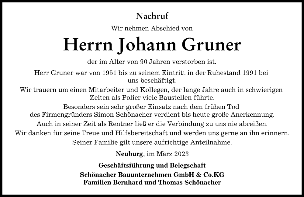 Traueranzeige von Johann Gruner von Neuburger Rundschau