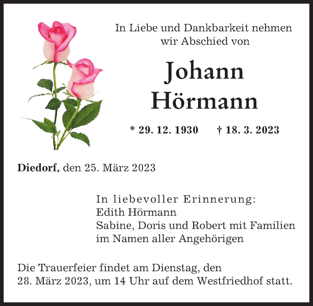  Traueranzeige für Johann Hörmann vom 25.03.2023 aus Augsburger Allgemeine