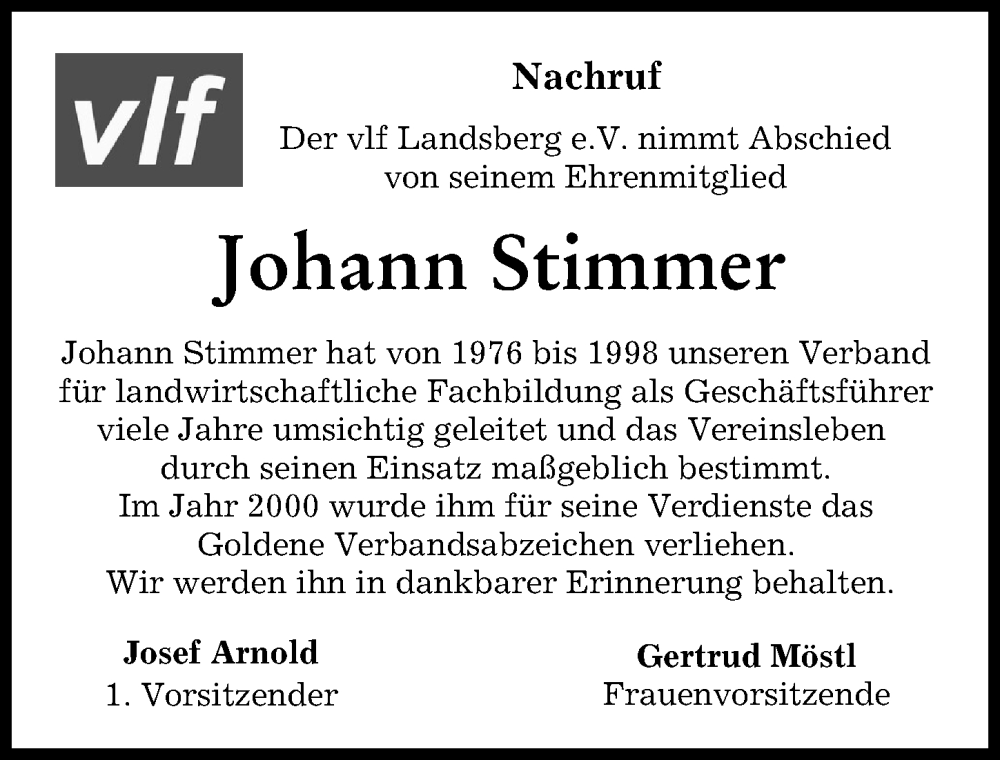 Traueranzeige von Johann Stimmer von Landsberger Tagblatt