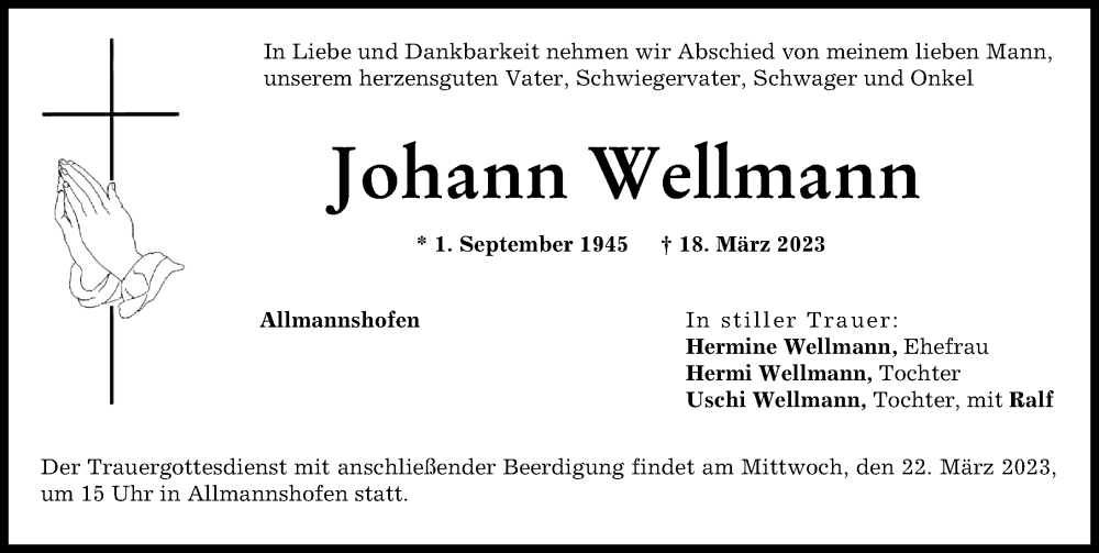  Traueranzeige für Johann Wellmann vom 20.03.2023 aus Augsburg-Land