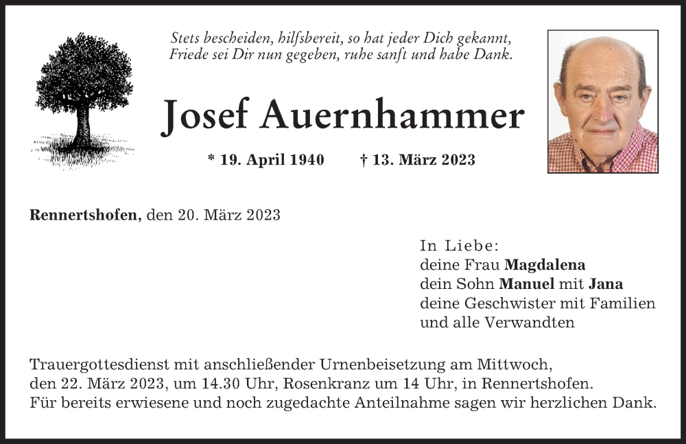 Traueranzeige von Josef Auernhammer von Neuburger Rundschau