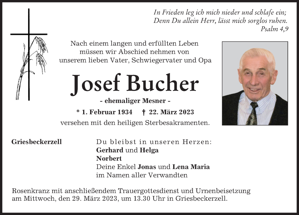  Traueranzeige für Josef Bucher vom 25.03.2023 aus Aichacher Nachrichten