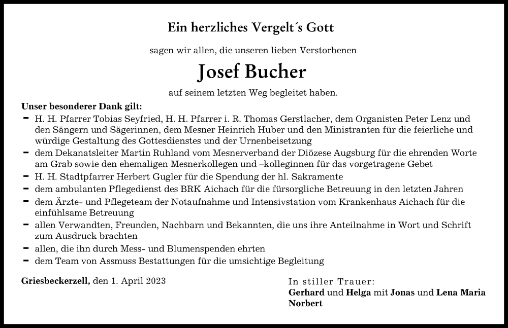  Traueranzeige für Josef Bucher vom 01.04.2023 aus Aichacher Nachrichten