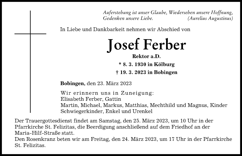 Traueranzeige von Josef Ferber von Augsburger Allgemeine