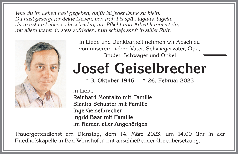 Traueranzeige von Josef Geiselbrecher von Mindelheimer Zeitung