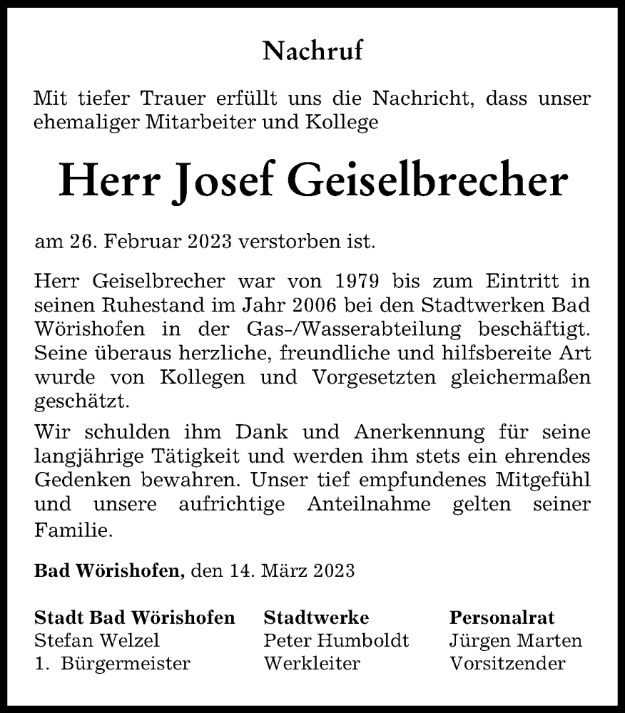 Traueranzeige von Josef Geiselbrecher von Mindelheimer Zeitung