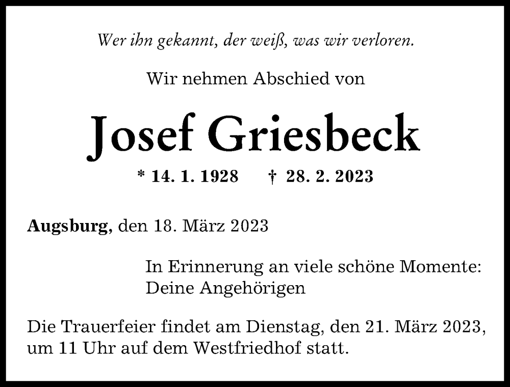  Traueranzeige für Josef Griesbeck vom 18.03.2023 aus Augsburger Allgemeine
