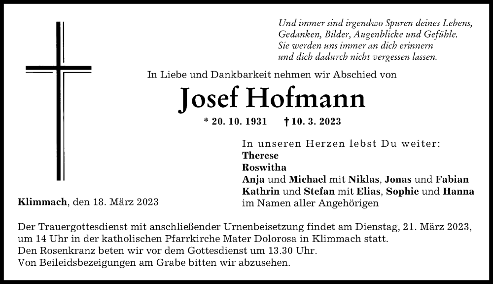 Traueranzeige von Josef Hofmann von Schwabmünchner Allgemeine