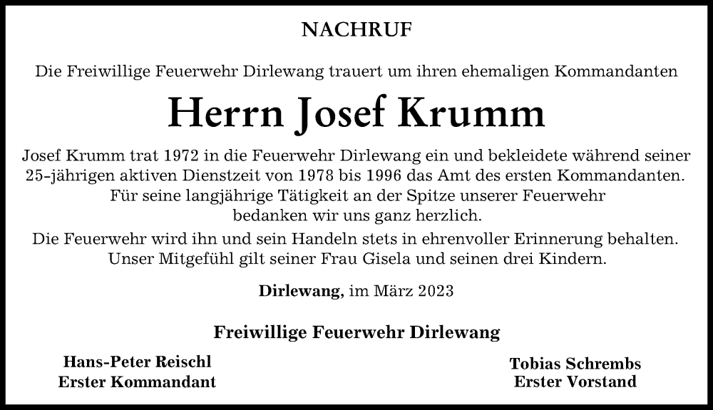  Traueranzeige für Josef Krumm vom 22.03.2023 aus Mindelheimer Zeitung