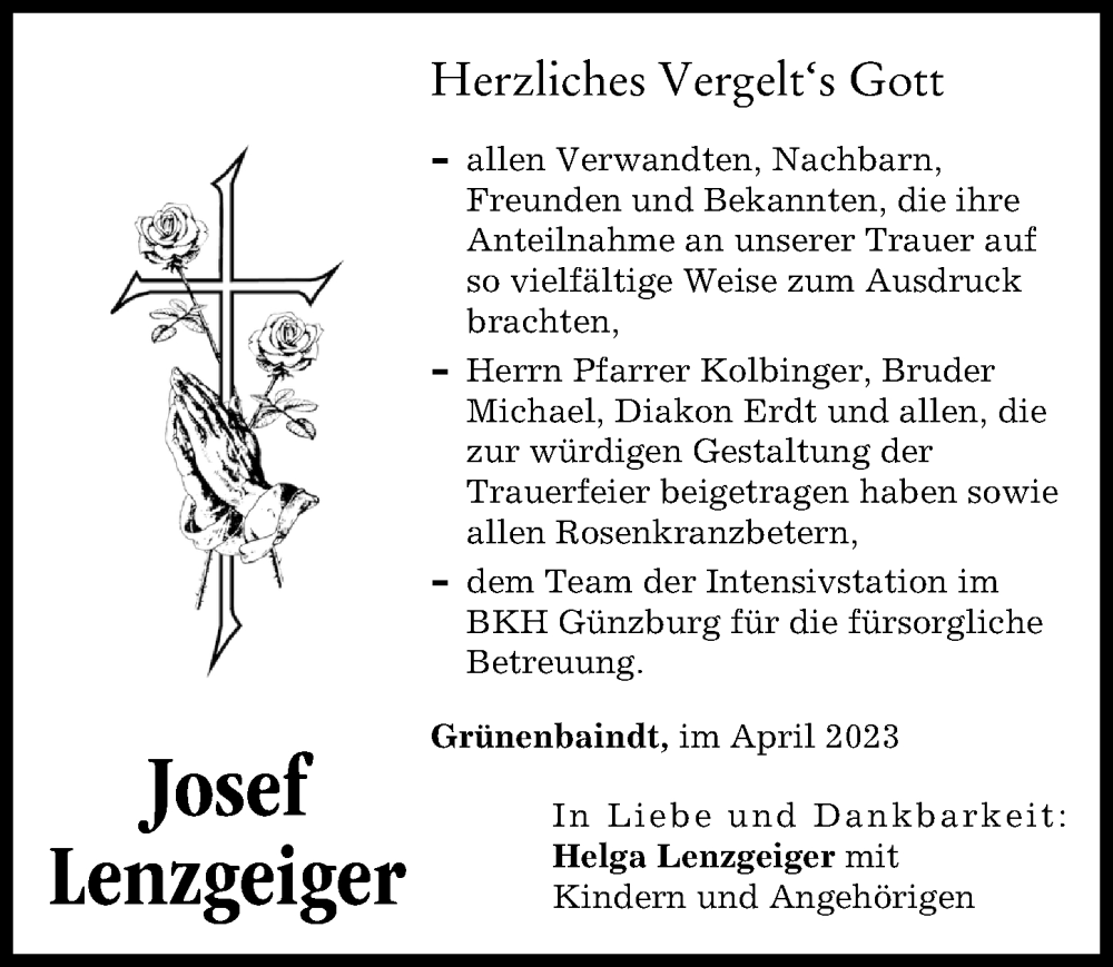  Traueranzeige für Josef Lenzgeiger vom 01.04.2023 aus Günzburger Zeitung, Augsburg-Land