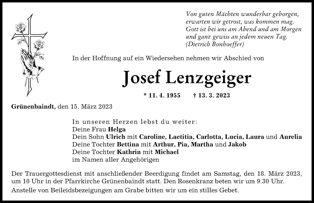 Traueranzeige für Josef Lenzgeiger vom 15.03.2023 aus Augsburg-Land, Günzburger Zeitung