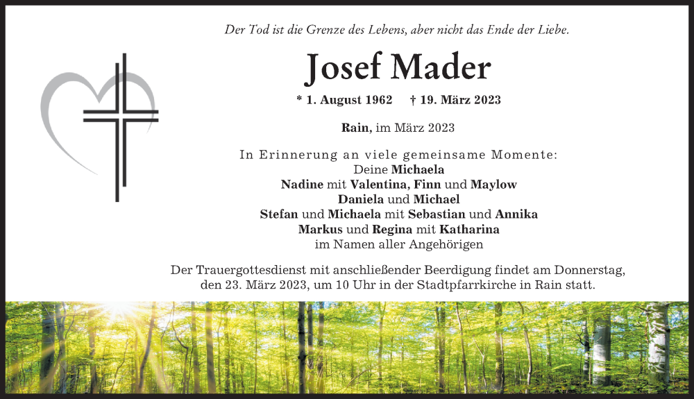  Traueranzeige für Josef Mader vom 21.03.2023 aus Donauwörther Zeitung