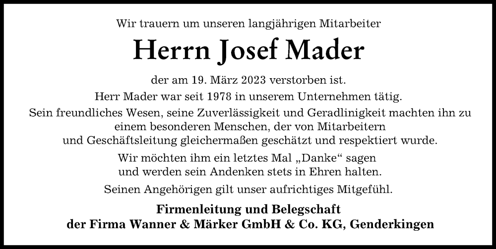  Traueranzeige für Josef Mader vom 22.03.2023 aus Donauwörther Zeitung