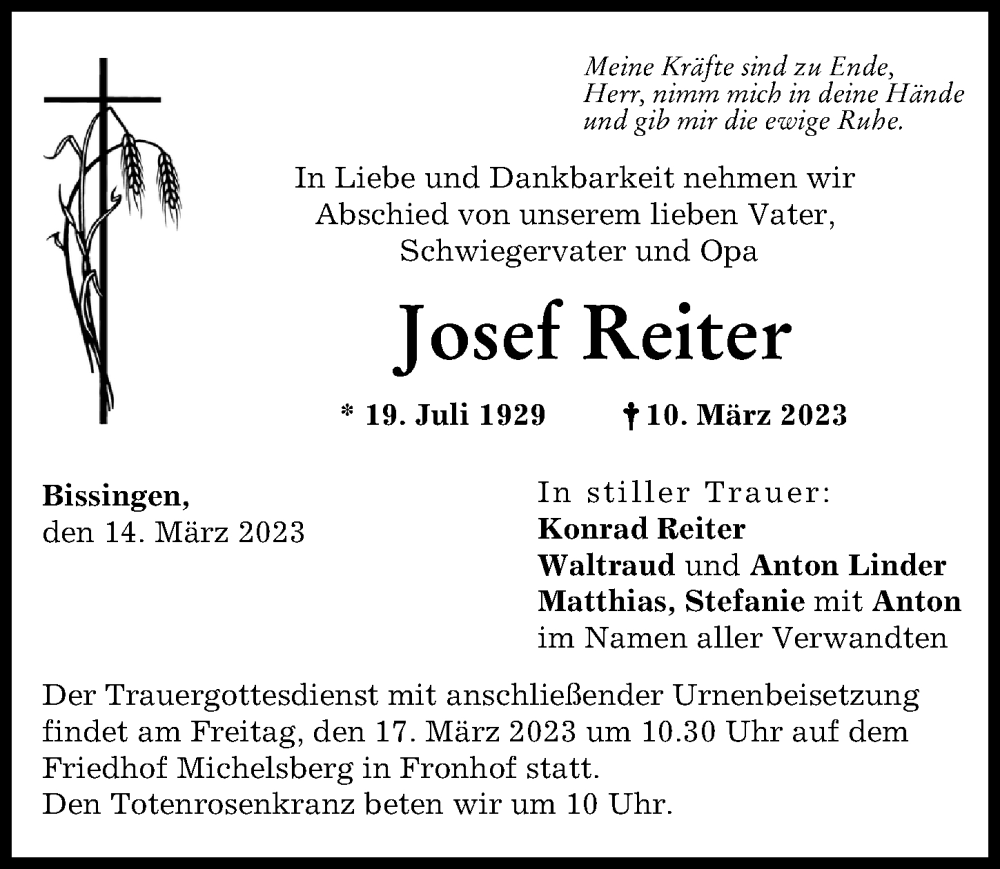  Traueranzeige für Josef Reiter vom 14.03.2023 aus Donau Zeitung