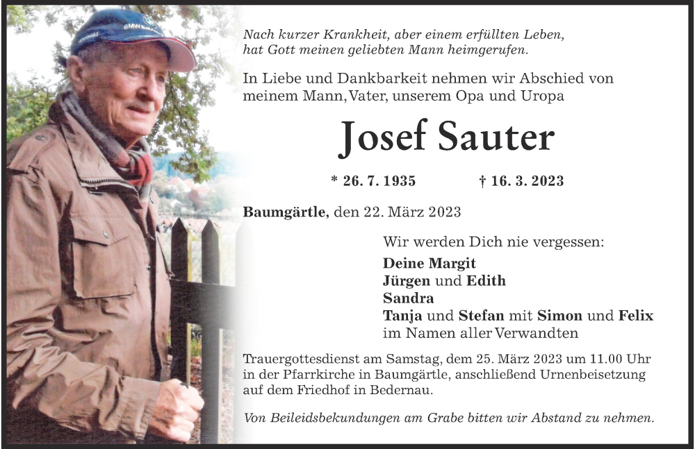  Traueranzeige für Josef Sauter vom 22.03.2023 aus Mindelheimer Zeitung