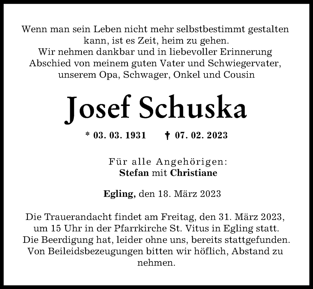 Traueranzeige von Josef Schuska von Landsberger Tagblatt