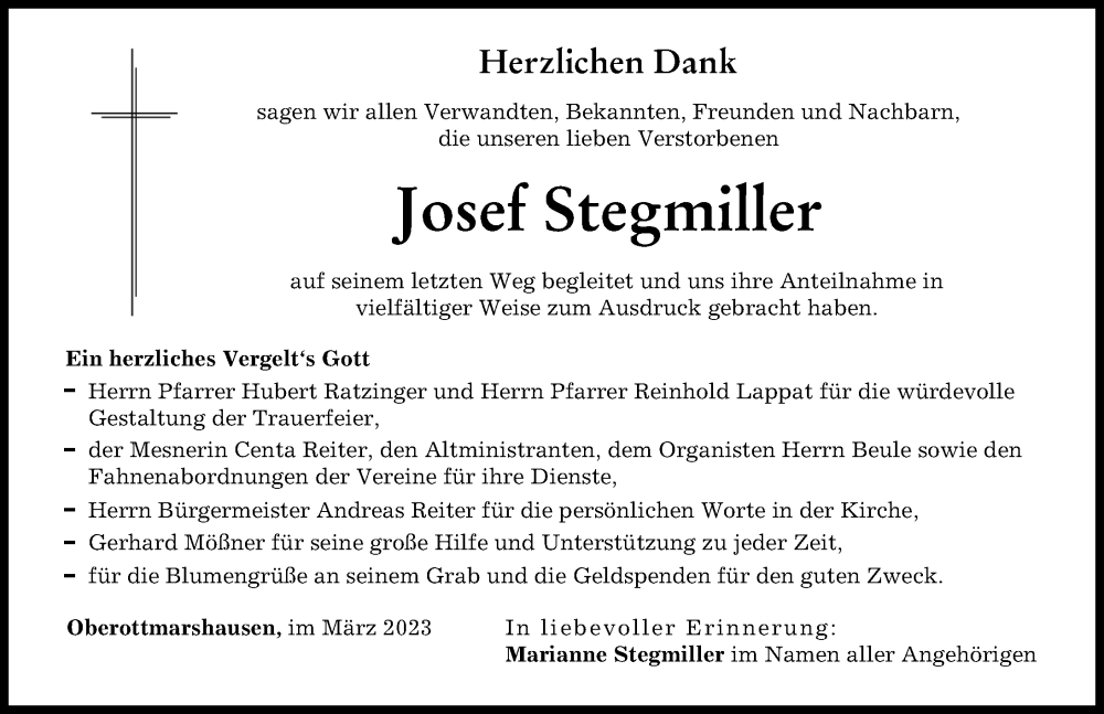 Traueranzeige von Josef Stegmiller von Schwabmünchner Allgemeine