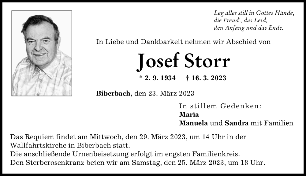  Traueranzeige für Josef Storr vom 23.03.2023 aus Augsburg-Land