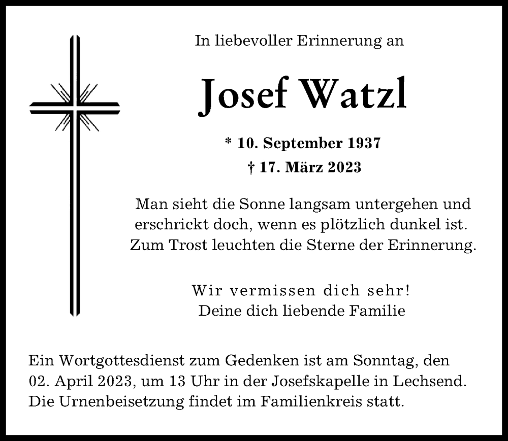 Traueranzeige von Josef Watzl von Donauwörther Zeitung
