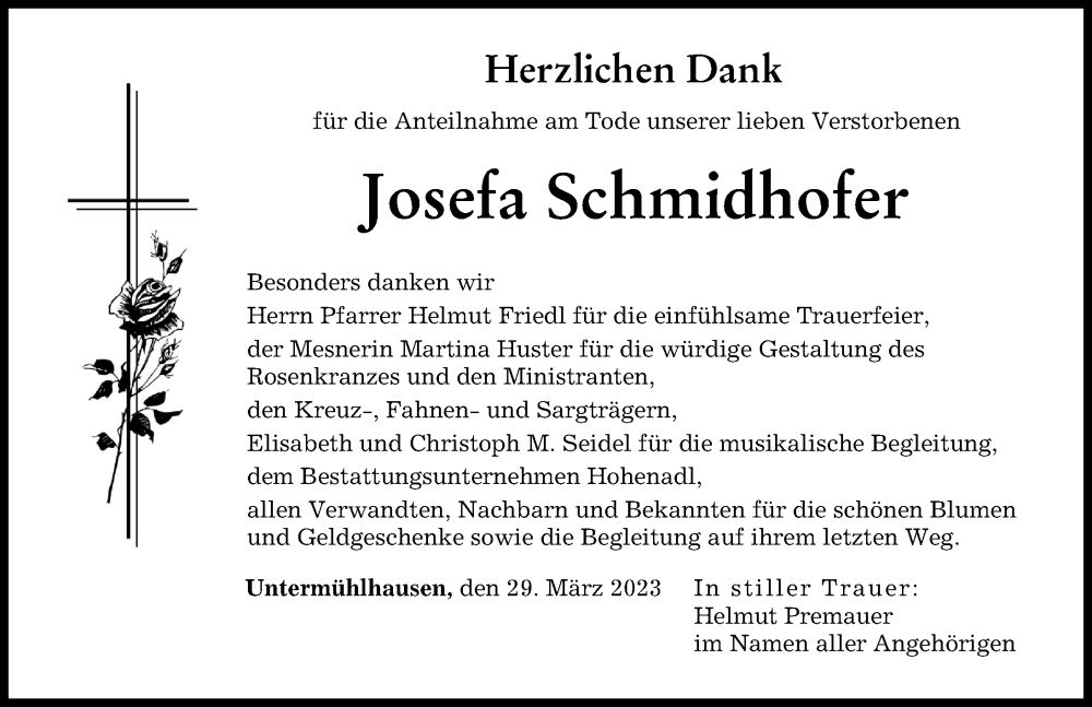 Traueranzeige von Josefa Schmidhofer von Landsberger Tagblatt