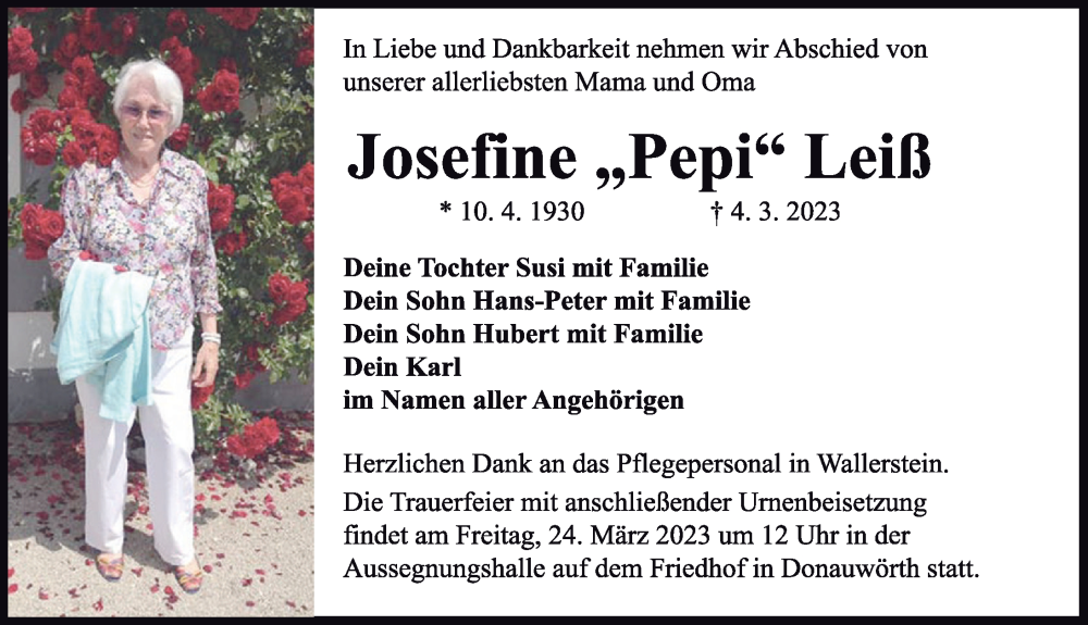  Traueranzeige für Josefine Leiß vom 18.03.2023 aus Donauwörther Zeitung