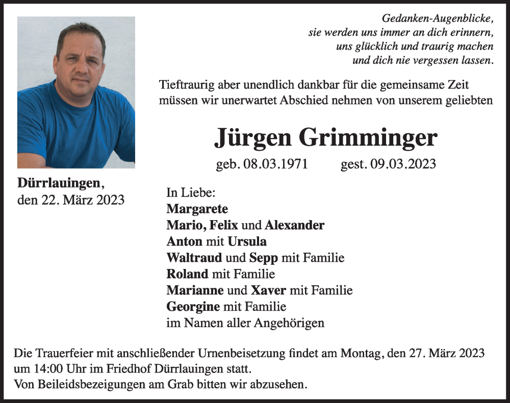  Traueranzeige für Jürgen Grimminger vom 22.03.2023 aus Günzburger Zeitung