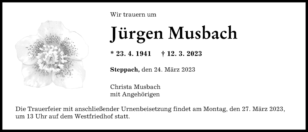  Traueranzeige für Jürgen Musbach vom 24.03.2023 aus Augsburger Allgemeine