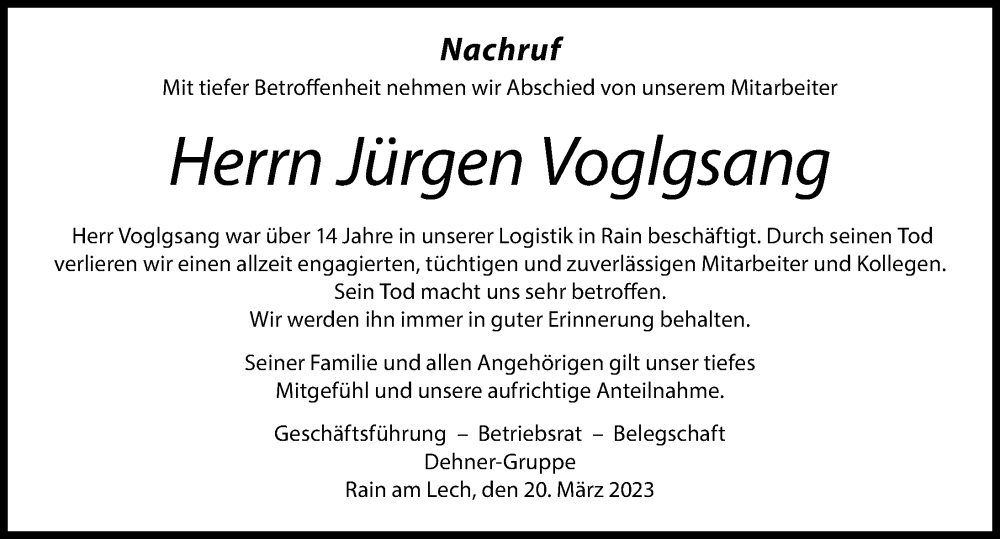  Traueranzeige für Jürgen Voglgsang vom 20.03.2023 aus Donauwörther Zeitung, Rieser Nachrichten