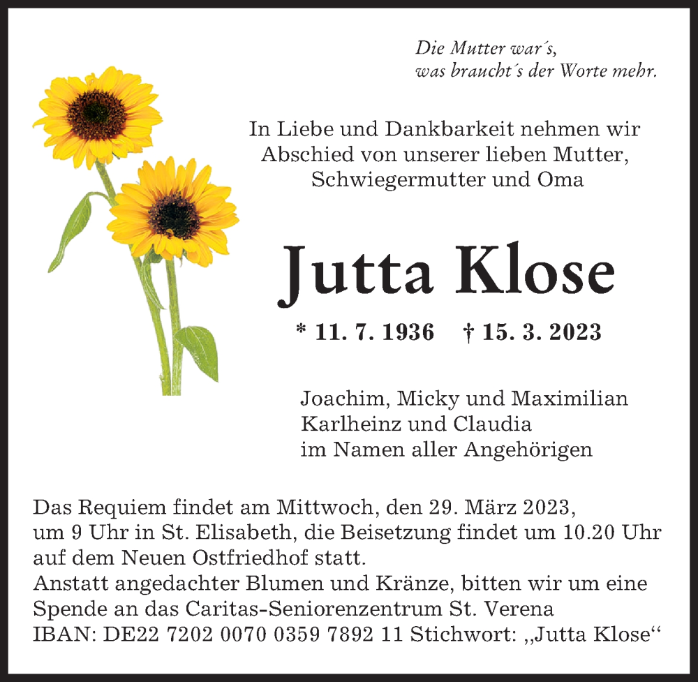  Traueranzeige für Jutta Klose vom 25.03.2023 aus Augsburger Allgemeine
