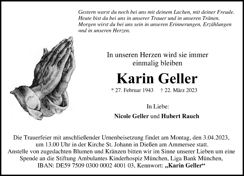 Traueranzeige von Karin Geller von Landsberger Tagblatt