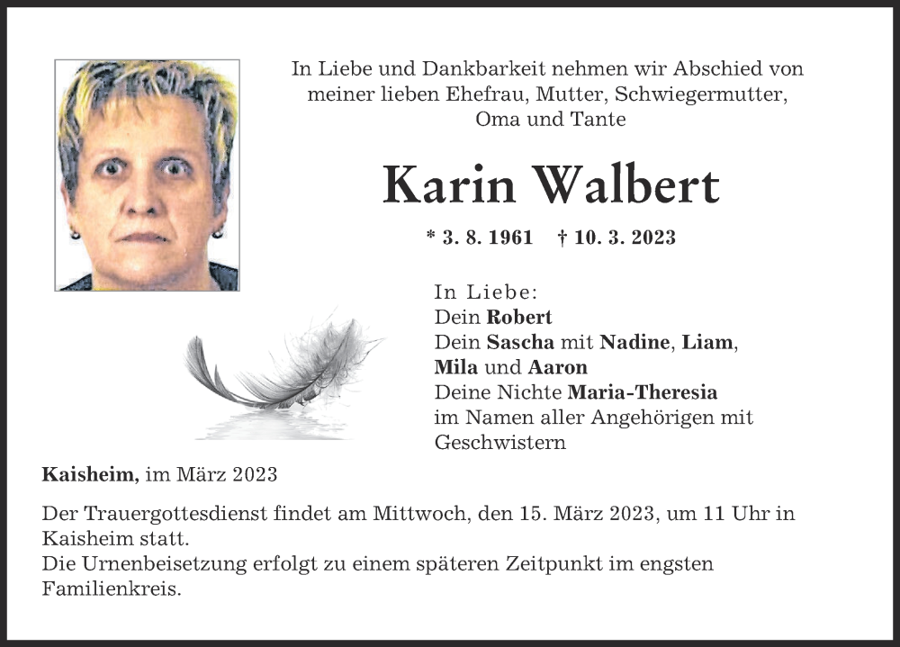  Traueranzeige für Karin Walbert vom 14.03.2023 aus Donauwörther Zeitung