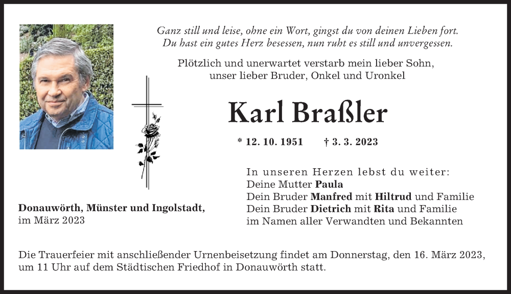 Traueranzeige von Karl Braßler von Donauwörther Zeitung