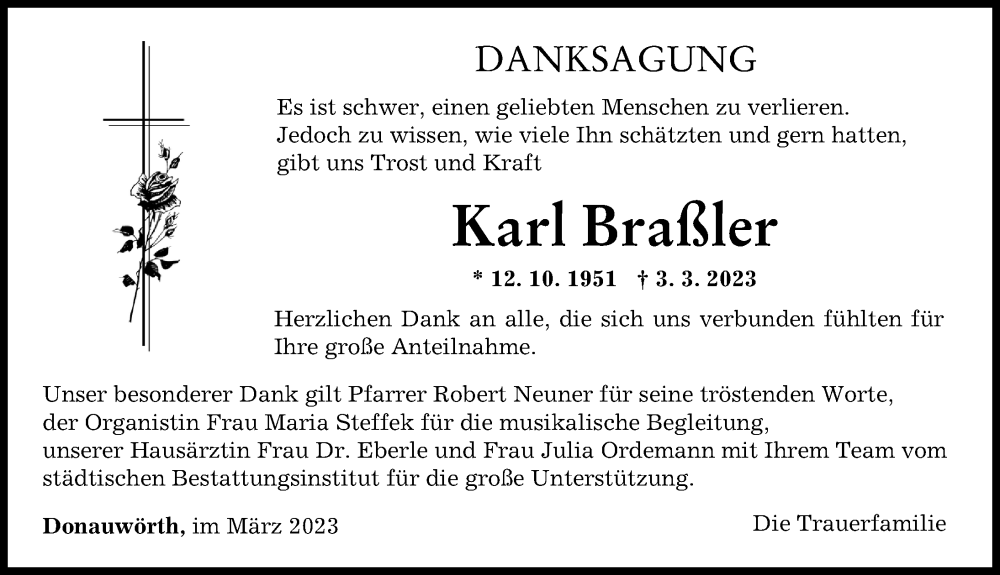 Traueranzeige von Karl Braßler von Donauwörther Zeitung