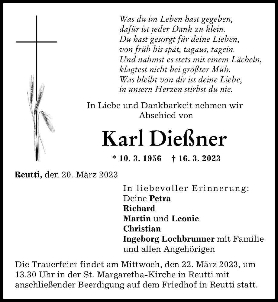 Traueranzeige von Karl Dießner von Neu-Ulmer Zeitung, Günzburger Zeitung