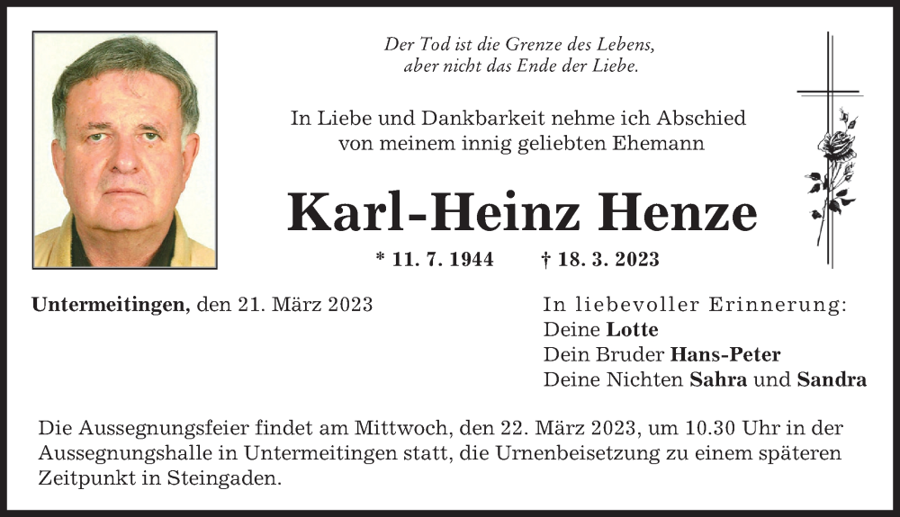  Traueranzeige für Karl-Heinz Henze vom 21.03.2023 aus Schwabmünchner Allgemeine
