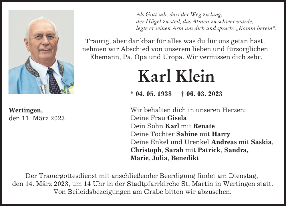 Traueranzeige von Karl Klein von Wertinger Zeitung