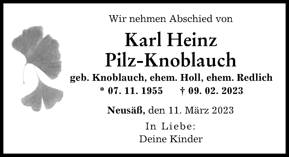 Traueranzeige von Karl Heinz Pilz-Knoblauch von Augsburger Allgemeine