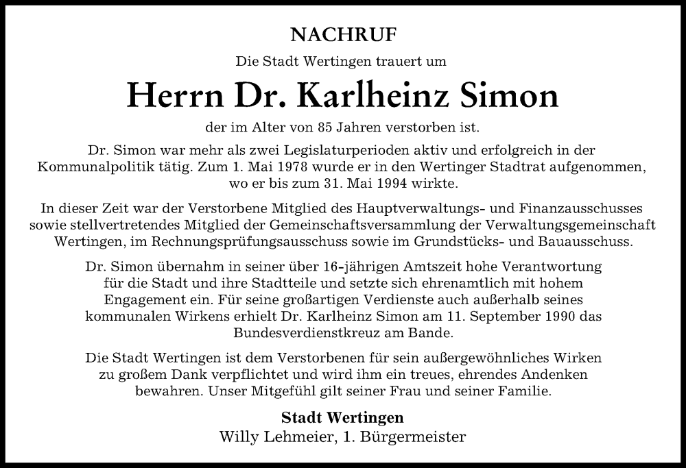 Traueranzeige von Karlheinz Simon von Wertinger Zeitung