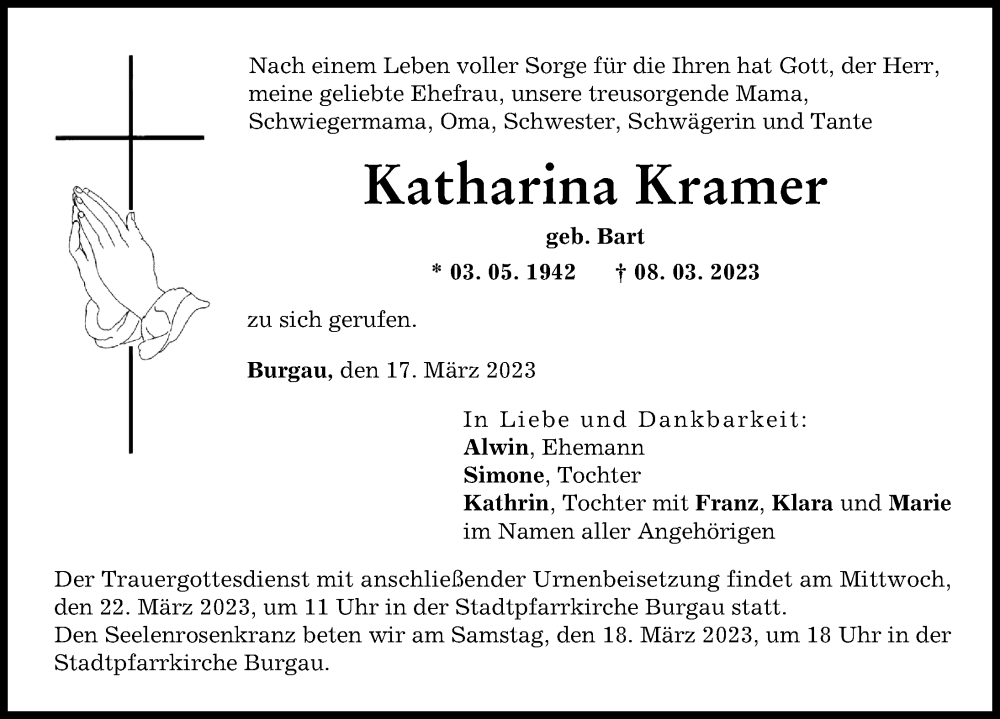  Traueranzeige für Katharina Kramer vom 17.03.2023 aus Günzburger Zeitung