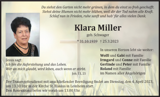 Traueranzeige von Klara Miller von Günzburger Zeitung