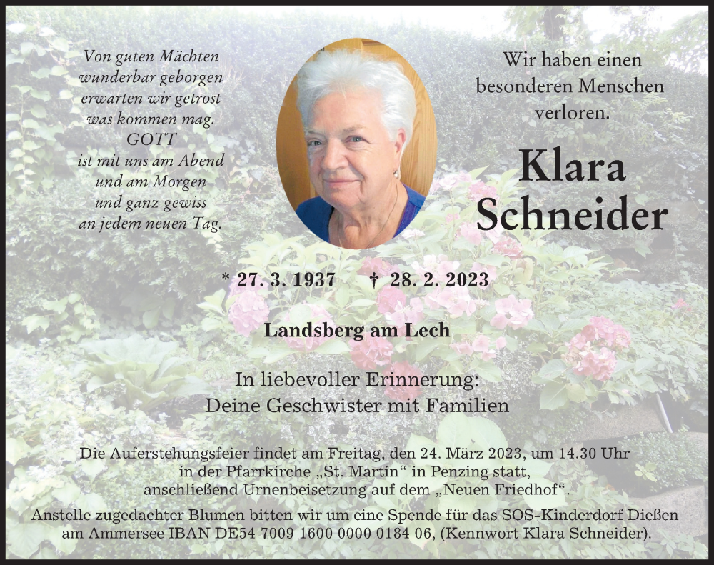  Traueranzeige für Klara Schneider vom 21.03.2023 aus Landsberger Tagblatt