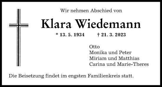 Traueranzeigen Von Klara Wiedemann Augsburger Allgemeine Zeitung