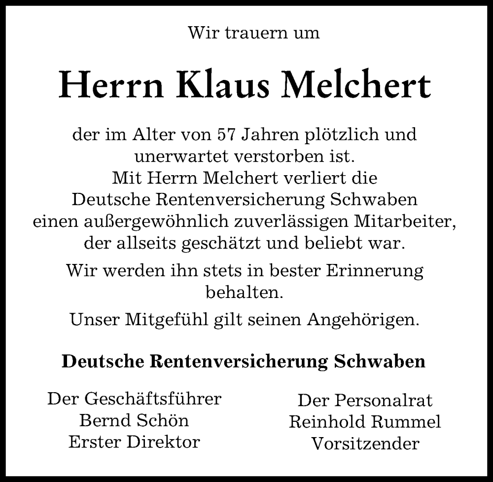Traueranzeige von Klaus Melchert von Augsburger Allgemeine