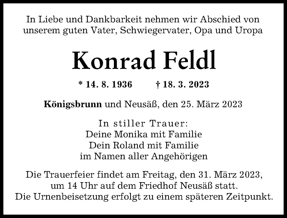  Traueranzeige für Konrad Feldl vom 25.03.2023 aus Augsburger Allgemeine