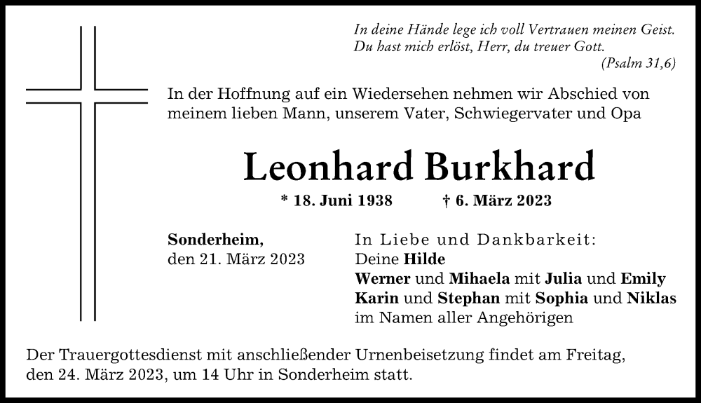  Traueranzeige für Leonhard Burkhard vom 21.03.2023 aus Donau Zeitung